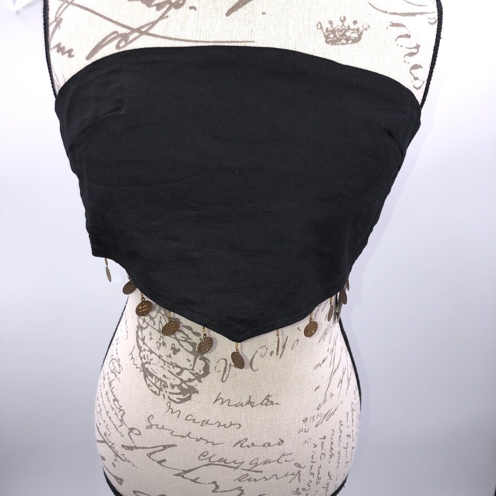 Hey Babe Wrap Crop Top S Black Medallion Fringe Linen Blend Boho Festival NEW